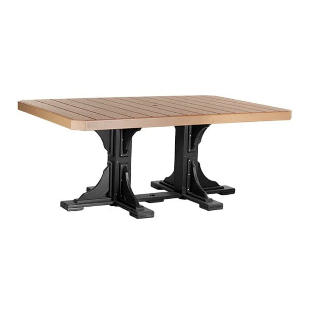 Square table with wooden top and black metal base on a white background