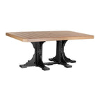 Square table with wooden top and black metal base on a white background