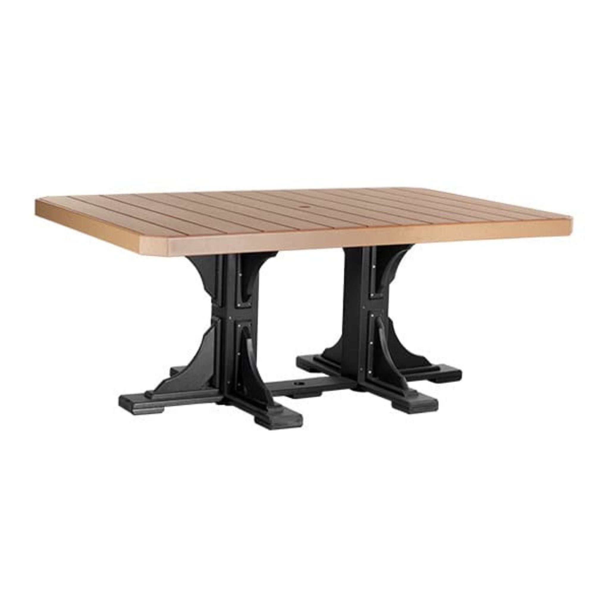 Square table with wooden top and black metal base on a white background