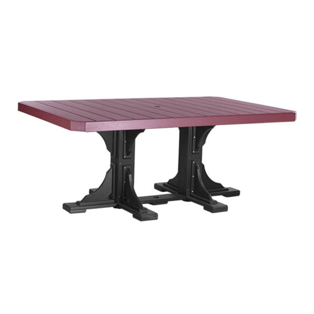 Square table with red top and black base on a white background