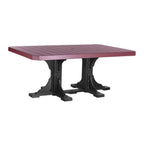 Square table with red top and black base on a white background