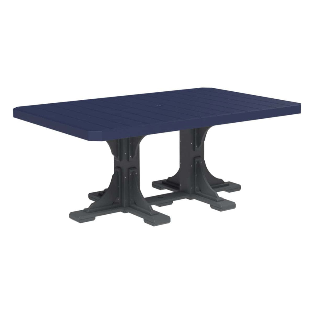 Navy blue rectangular table with a black metal base on a white background