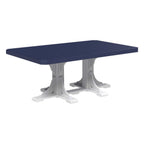 A rectangular outdoor dining table with a dark navy blue slatted top and white pedestal trestle-style legs, shown on a plain white background.