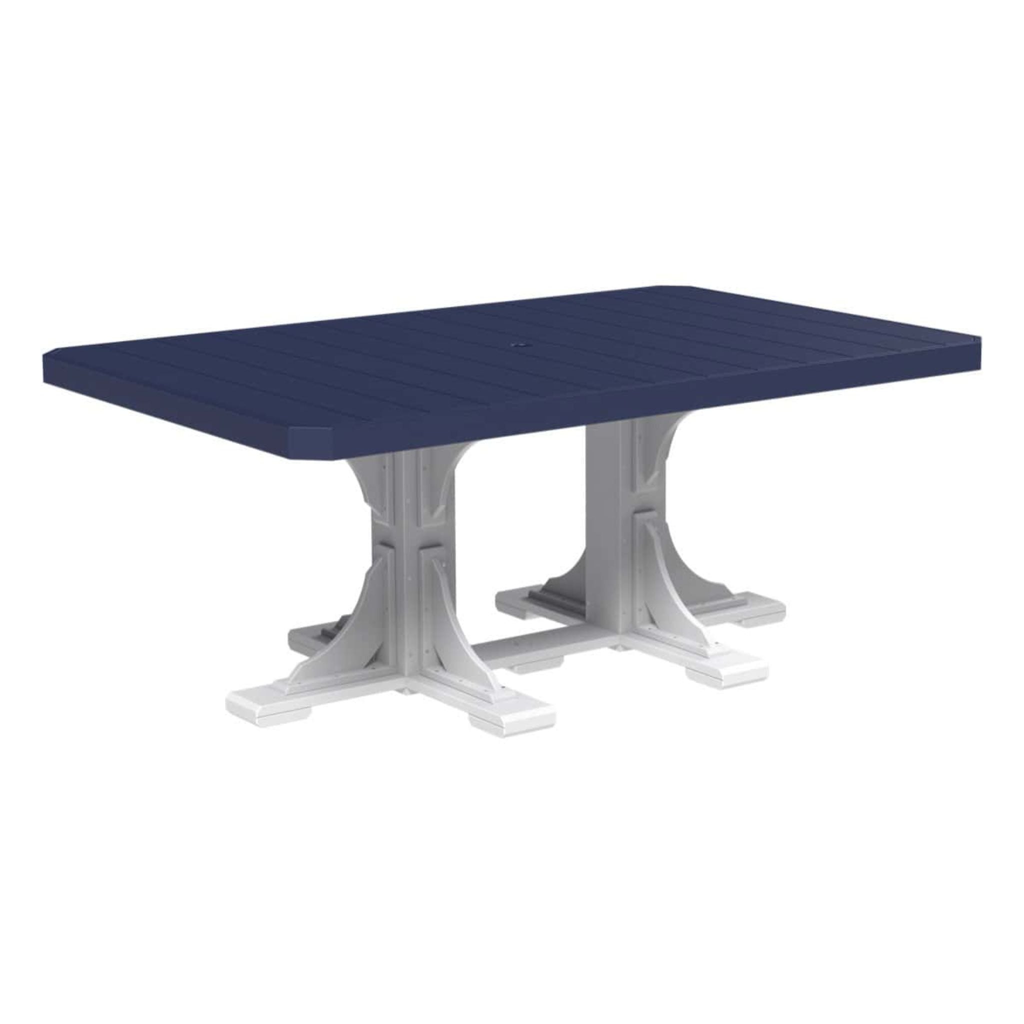 A rectangular outdoor dining table with a dark navy blue slatted top and white pedestal trestle-style legs, shown on a plain white background.