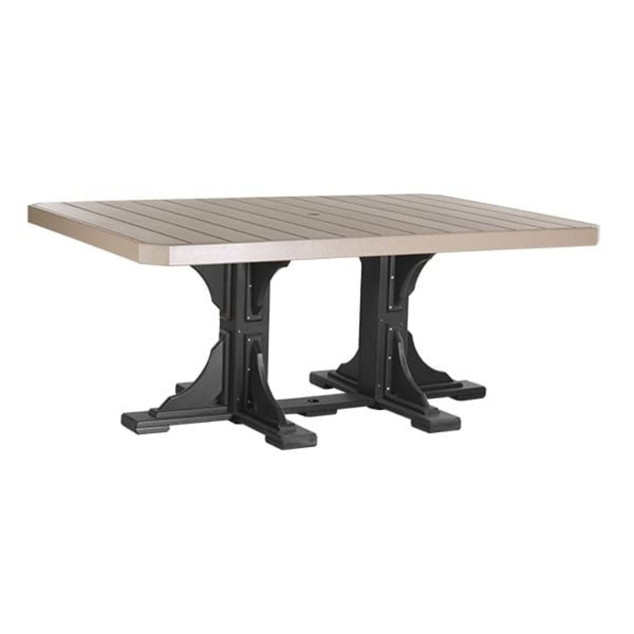 Square table with a beige top and black metal base on a white background