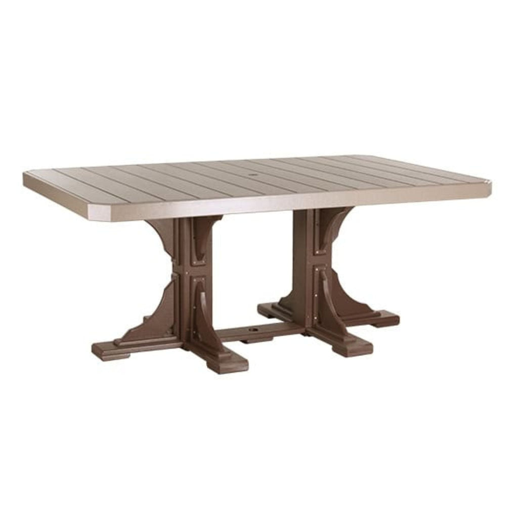 Rectangular outdoor table with brown legs and beige top on a white background