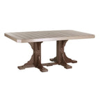 Rectangular outdoor table with brown legs and beige top on a white background