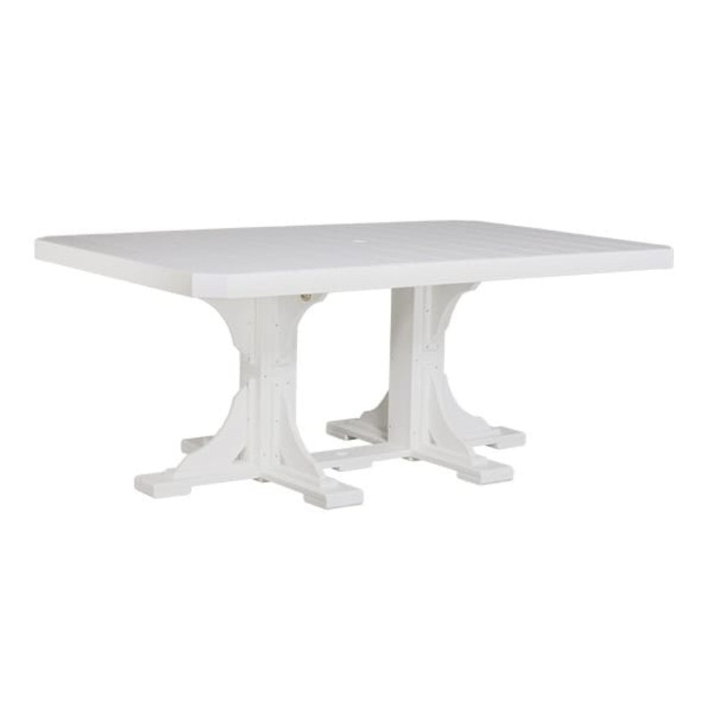 A white rectangular outdoor dining table with a slatted top and a trestle-style pedestal base, shown on a plain white background.