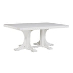 A white rectangular outdoor dining table with a slatted top and a trestle-style pedestal base, shown on a plain white background.