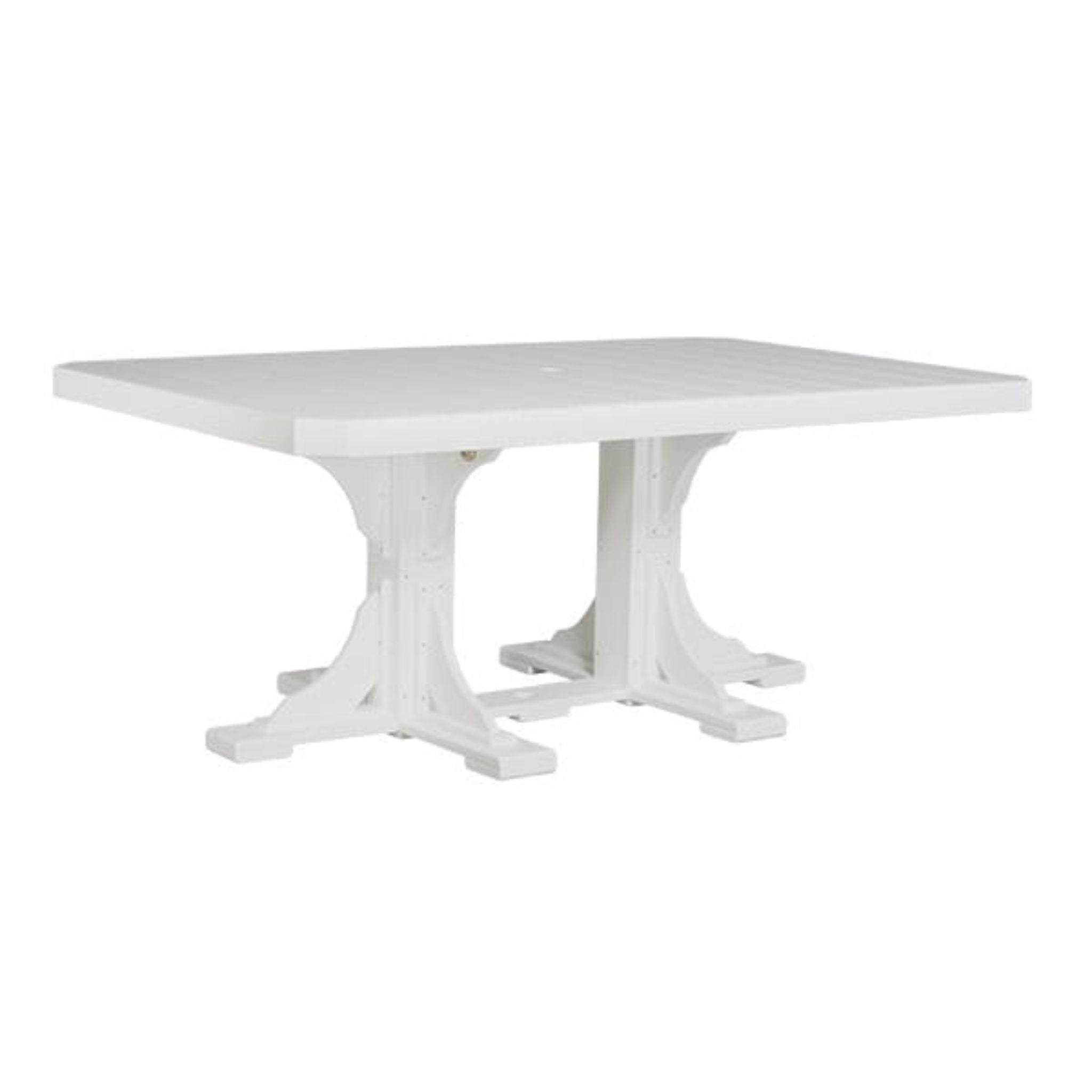 A white rectangular outdoor dining table with a slatted top and a trestle-style pedestal base, shown on a plain white background.