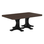 Rectangular table with brown top and black metal legs on a white background