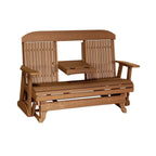 Wooden bench with backrest and table on a white background