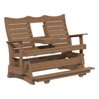 A brown wooden outdoor glider bench with two backrests, a central table, and a footrest, shown on a plain white background.