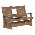 A two-seater wooden glider porch bench with a central table, shown on a plain white background.