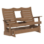 A two-seater wooden glider porch bench with a central table, shown on a plain white background.
