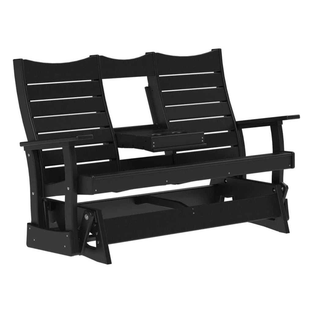 Wooden bench with slatted backrest and armrests on a white background