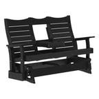 Wooden bench with slatted backrest and armrests on a white background