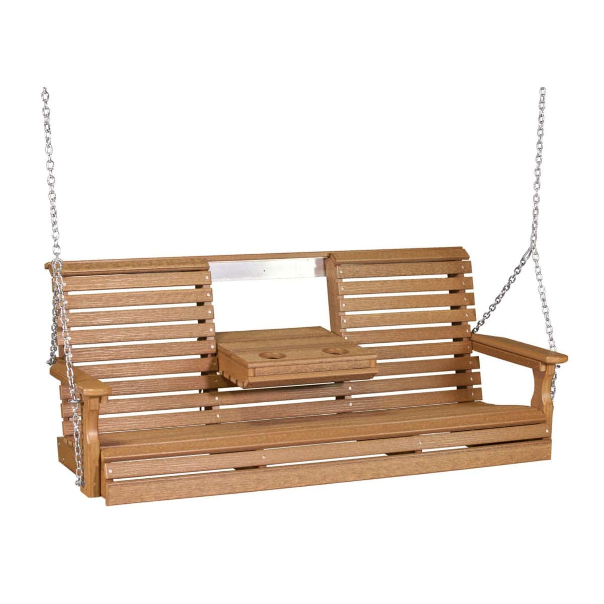 Wooden swing bench with a table on a white background