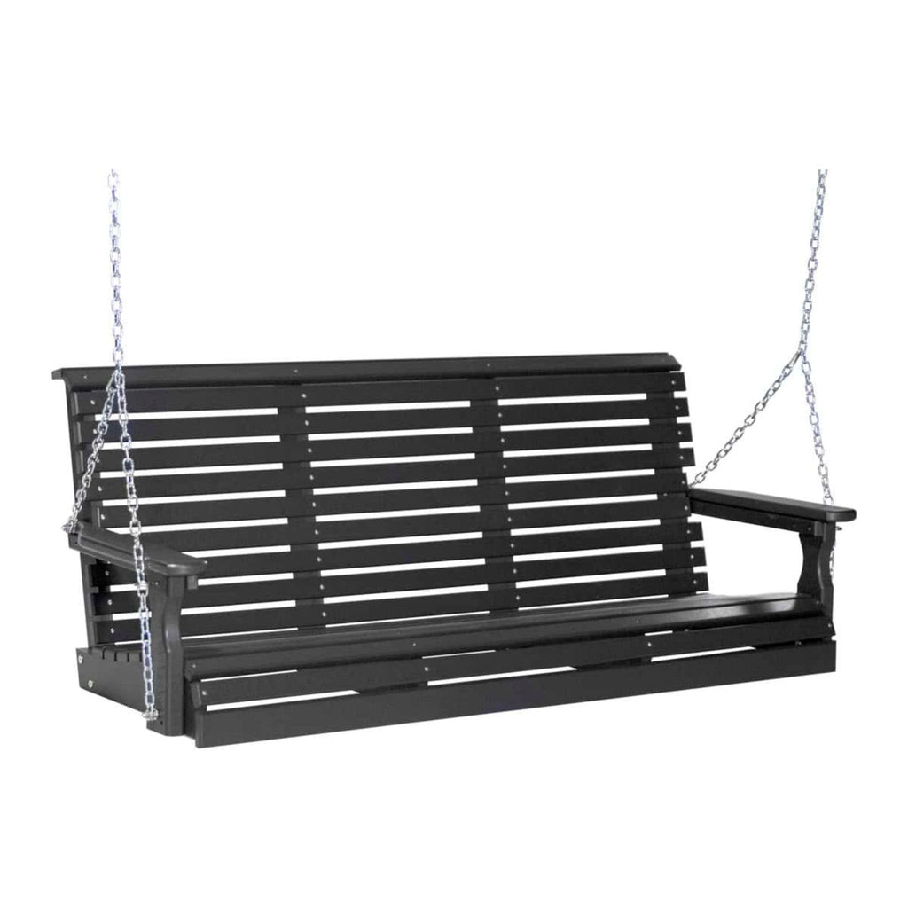 Black wooden swing bench with chains on a white background