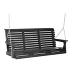 Black wooden swing bench with chains on a white background