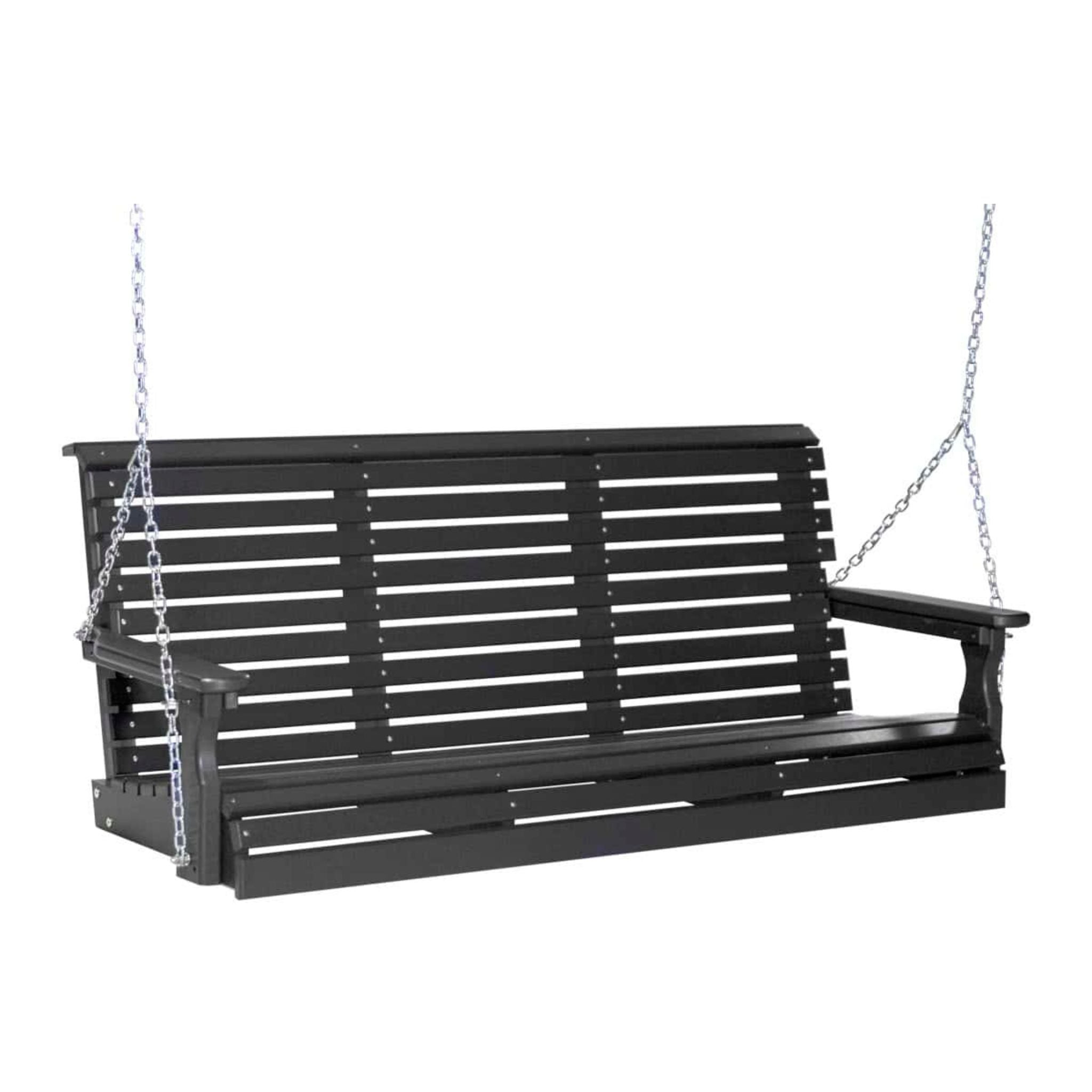 Black wooden swing bench with chains on a white background