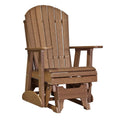 A brown wooden Adirondack-style glider chair with a high slatted back, wide armrests, and a rocking base, shown on a plain white background.