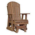 A brown wooden Adirondack-style glider chair with a high slatted back, wide armrests, and a rocking base, shown on a plain white background.