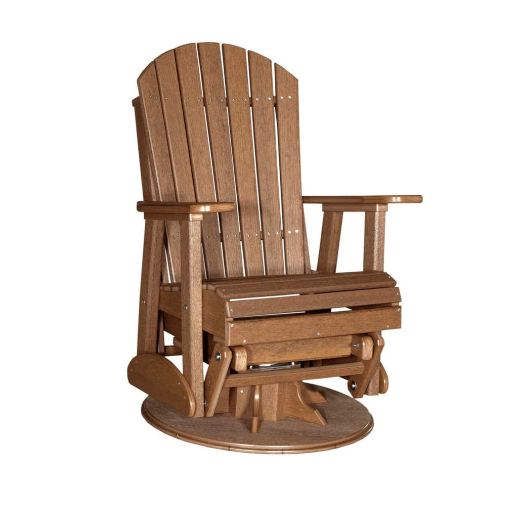 A brown wooden Adirondack-style swivel glider chair with a high slatted back, armrests, and a circular base, shown on a plain white background.