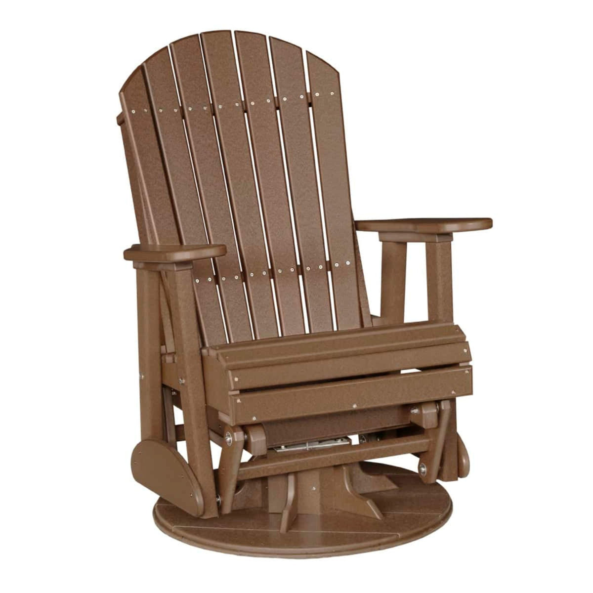 A brown outdoor swivel glider chair made of durable poly lumber, featuring a high slatted backrest, armrests, and a circular base, shown against a plain white background.