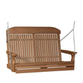 A wooden porch swing bench with a curved backrest, armrests, and silver hanging chains, shown against a plain white background.