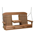 Wooden swing bench with a table on a white background