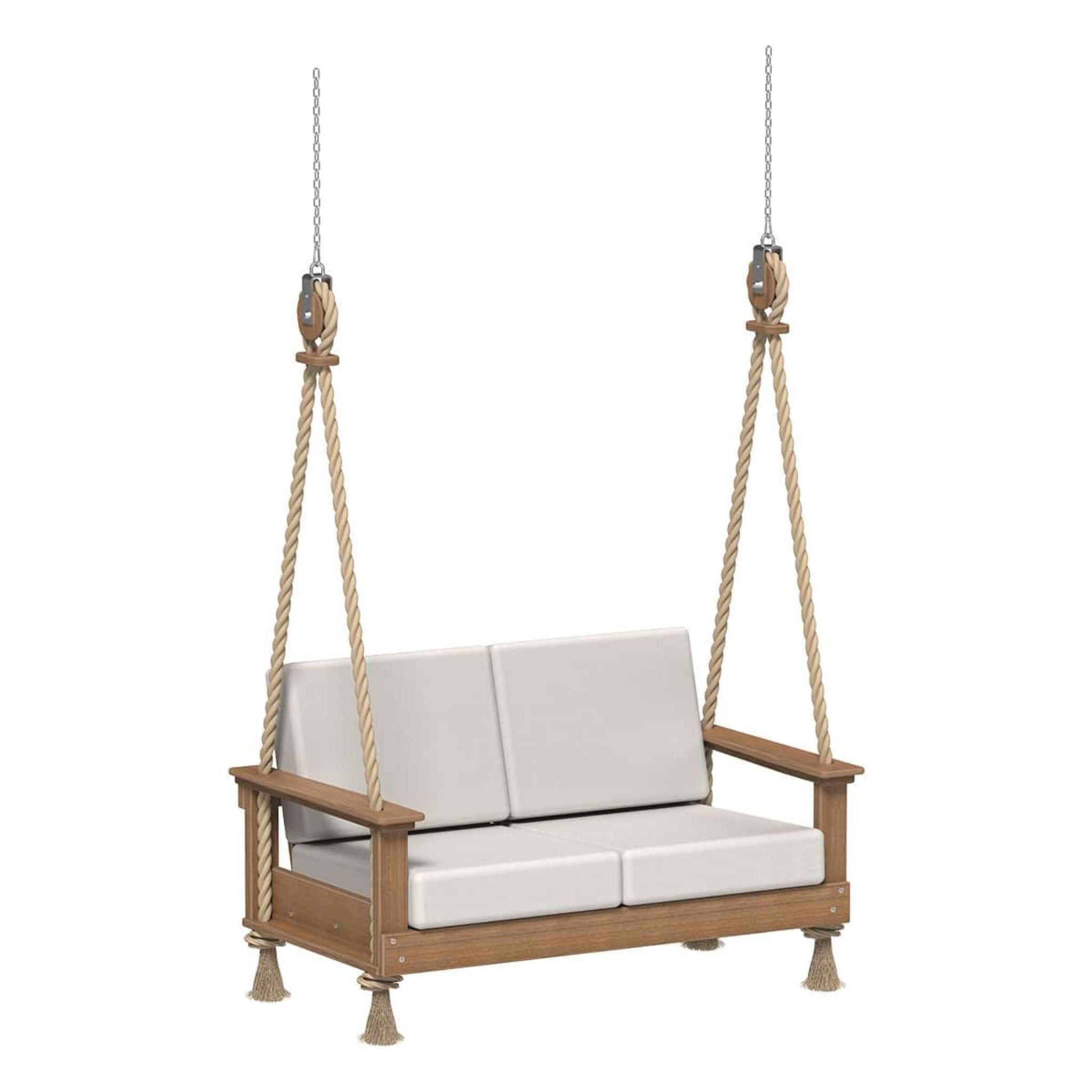 Wooden swing with white cushions on a white background