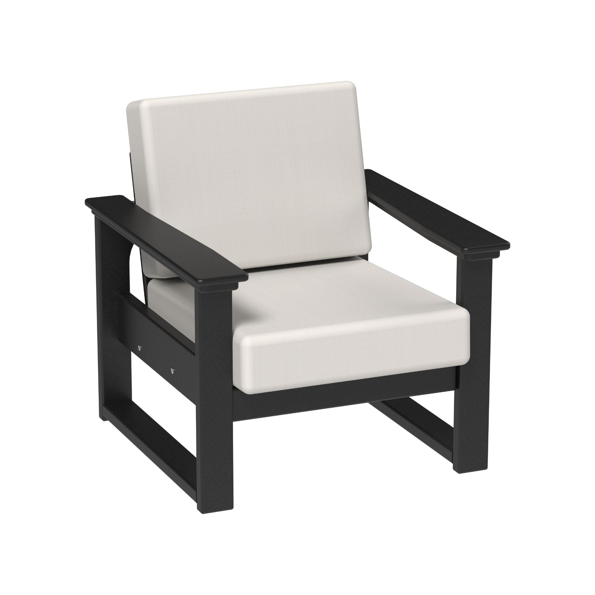 A modern outdoor armchair with a black frame and off-white cushioned seat and backrest, shown on a plain white background.