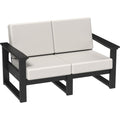 Two-seater outdoor bench with black frame and white cushions on a white background
