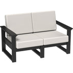 Two-seater outdoor bench with black frame and white cushions on a white background