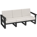 Outdoor sofa with black frame and white cushions on a white background