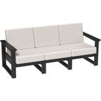 Outdoor sofa with black frame and white cushions on a white background