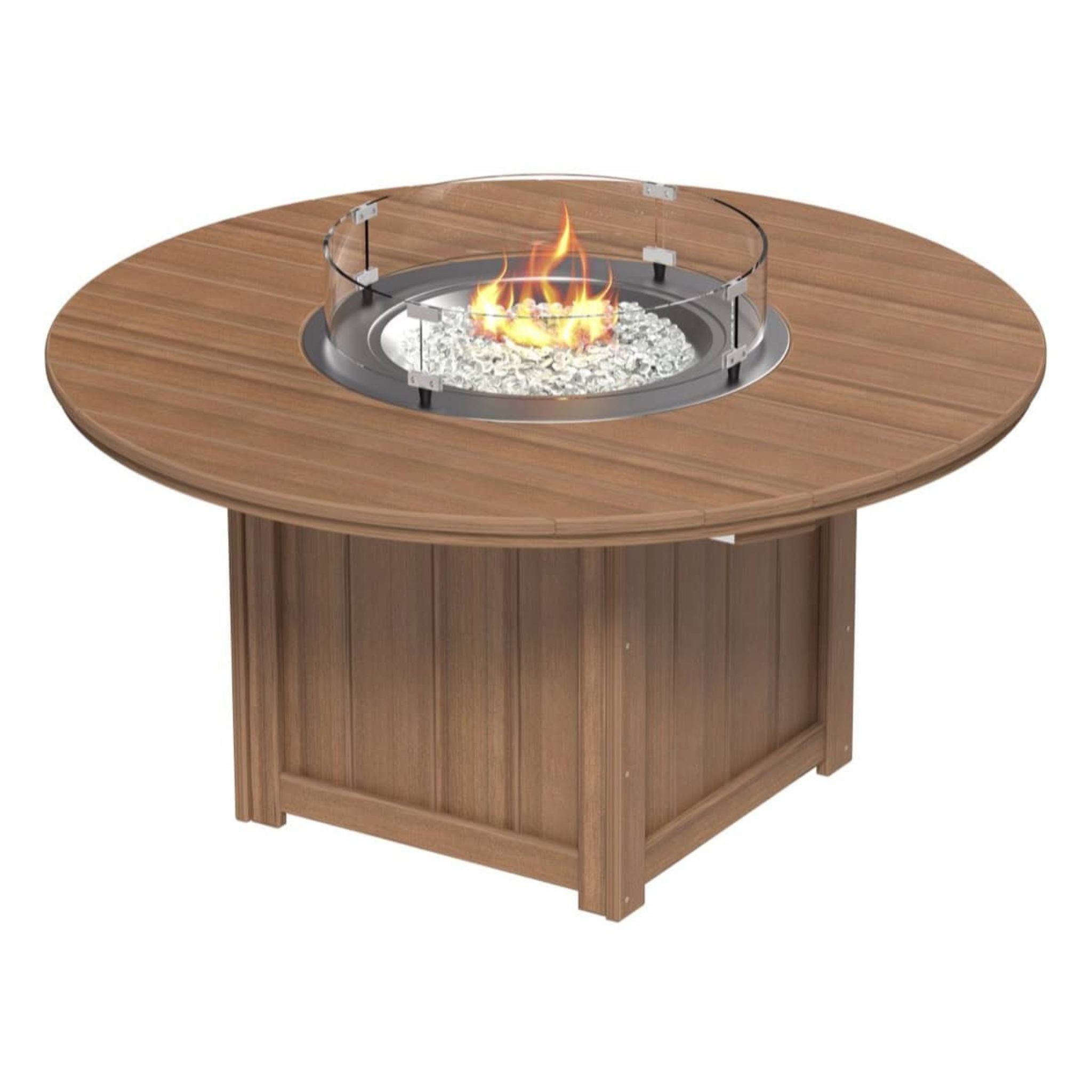 Round outdoor fire pit table with a wood-look finish, featuring a central fire bowl with white stones and a clear glass wind guard, shown on a white background.