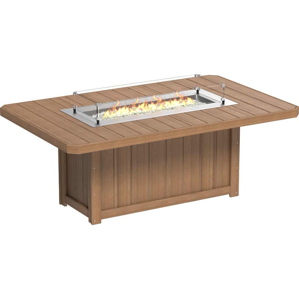 Wooden fire pit table with flames on a white background