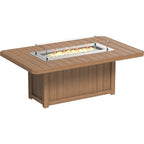 Wooden fire pit table with flames on a white background