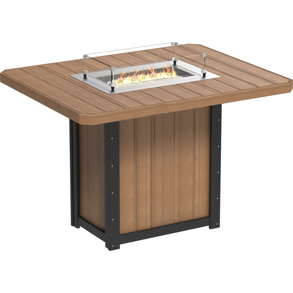 Wooden fire pit table with flames on a white background