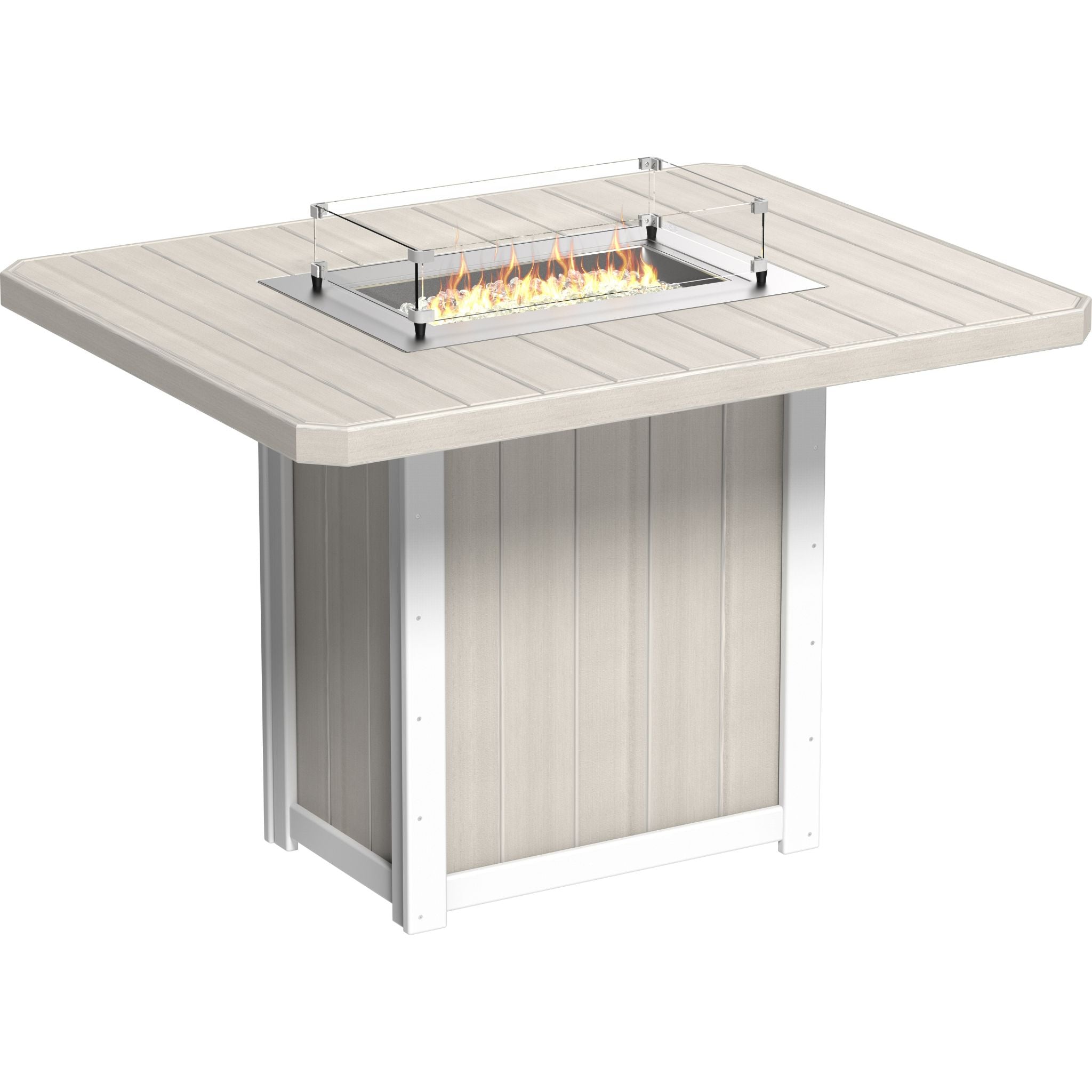 Outdoor fire pit table with a square slatted top, built-in burner with visible flames, clear glass wind guard, and white support legs on a white background.