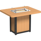 Wooden fire pit table with a burning fire on a white background