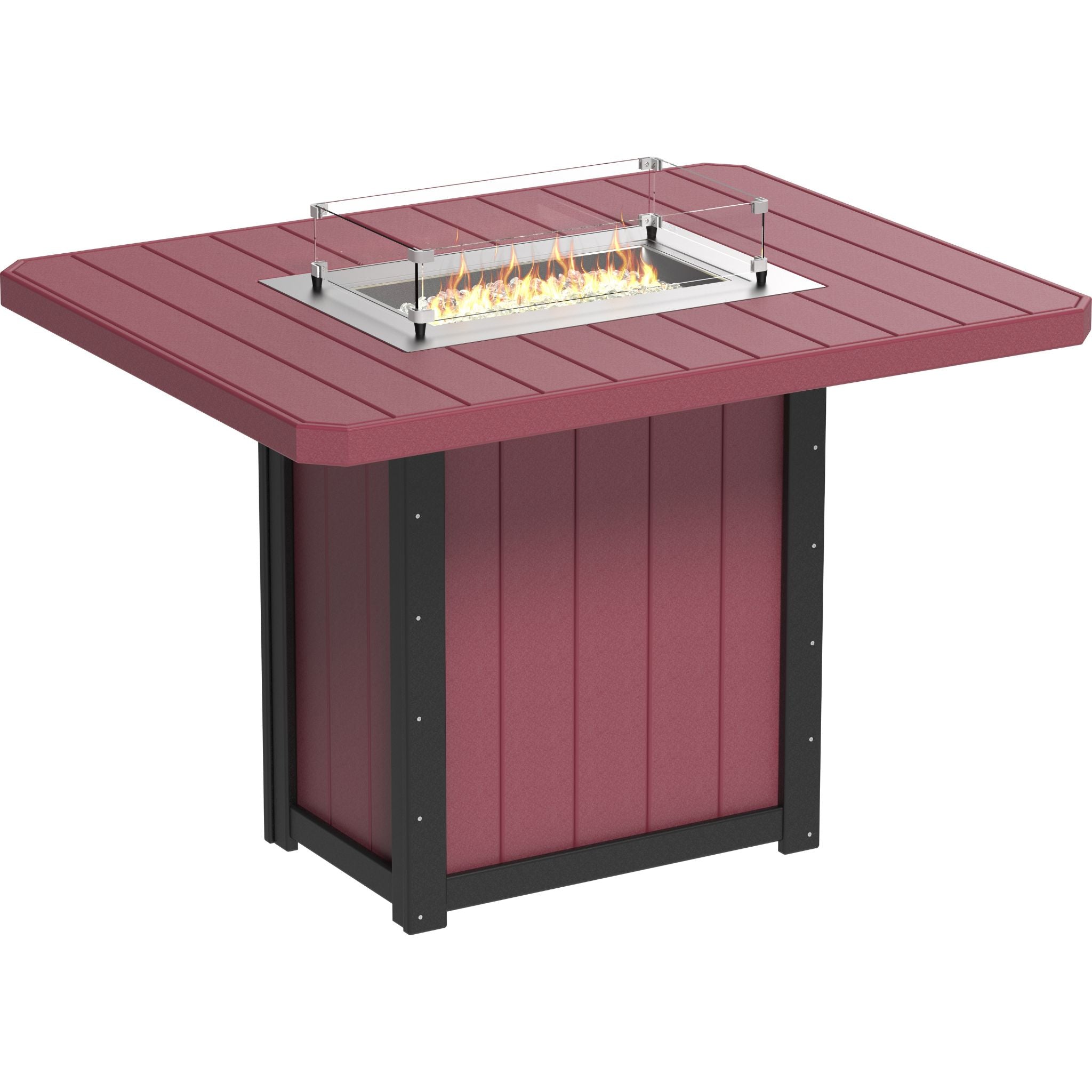 Red outdoor fire table with a fire burning inside on a white background