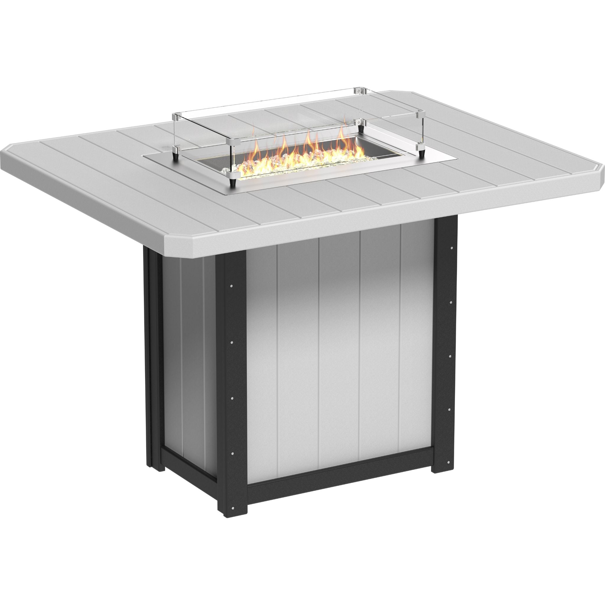 Outdoor fire pit table with white top and black base on a white background