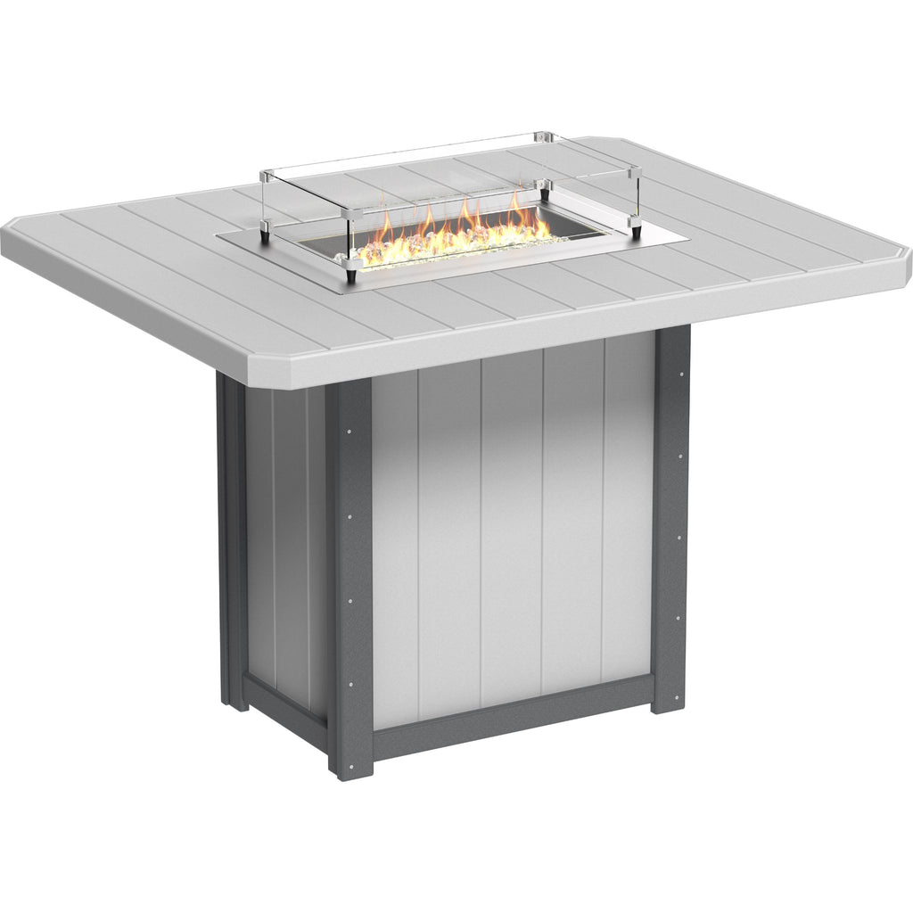 Square fire pit table with a light gray top and dark gray base on a white background