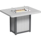 Square fire pit table with a light gray top and dark gray base on a white background