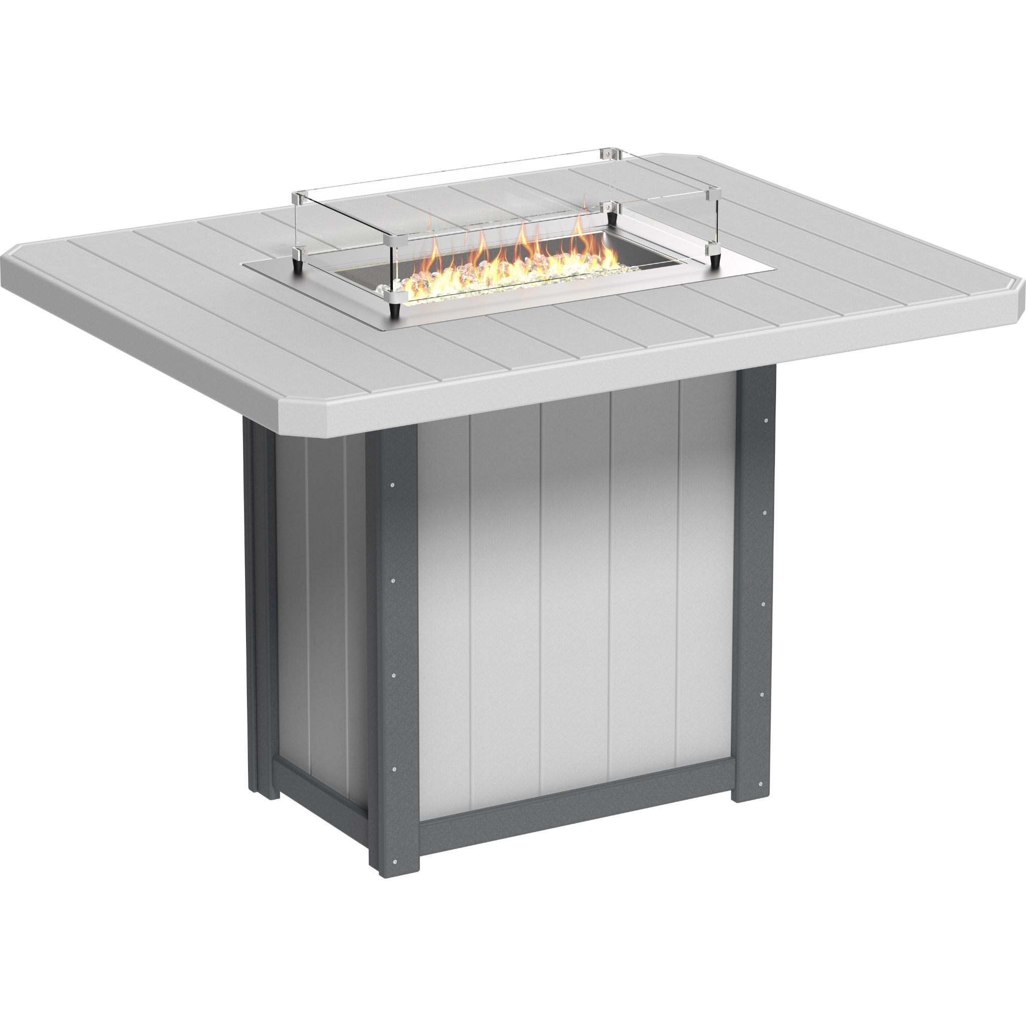 Square fire pit table with a light gray top and dark gray base on a white background