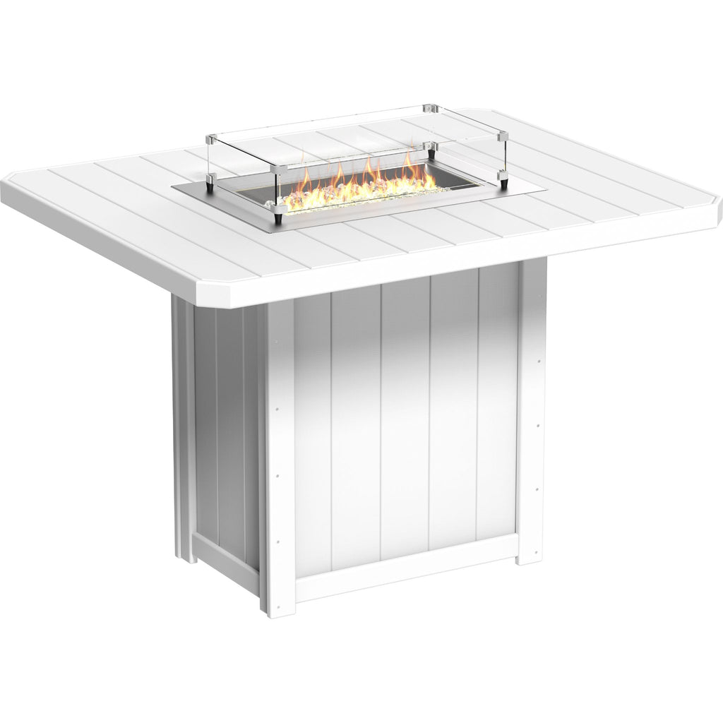 A white outdoor fire pit table with a slatted top, a rectangular fire bowl with visible flames, and a clear glass wind guard, shown on a plain white background.