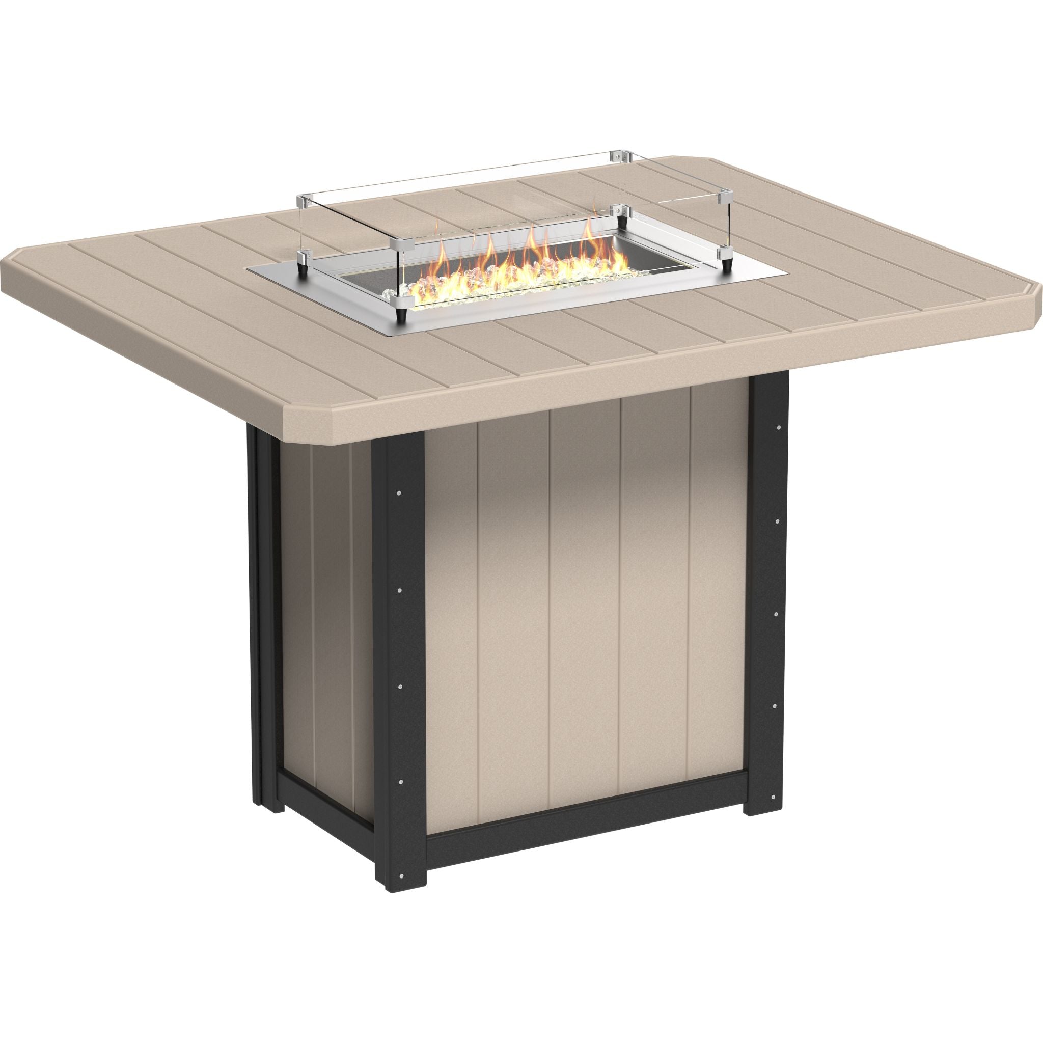 A square outdoor fire pit table with a beige slatted top, a black metal frame, and a built-in firebox with visible flames and a clear glass wind guard, shown on a white background.